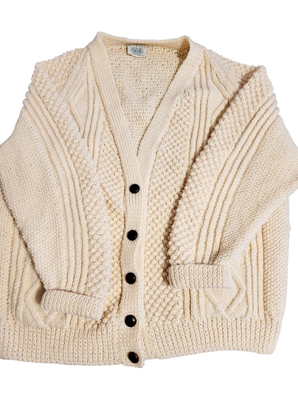 Vintage Blarney Woollen Mills 100% Pure New Wool Cream Cable Cardigan Sweater 2X